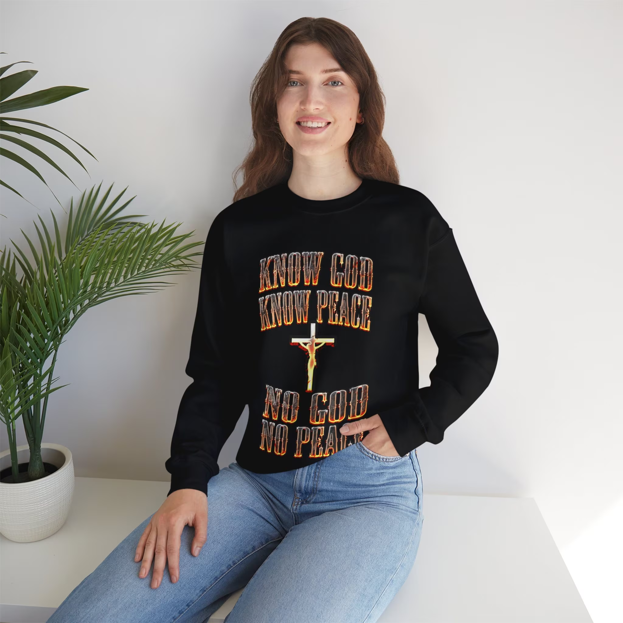 Elegant religious themed long-sleeve sweatshirt with inspirational quote.  Perfect gift for the Christian faithful this Easter season.